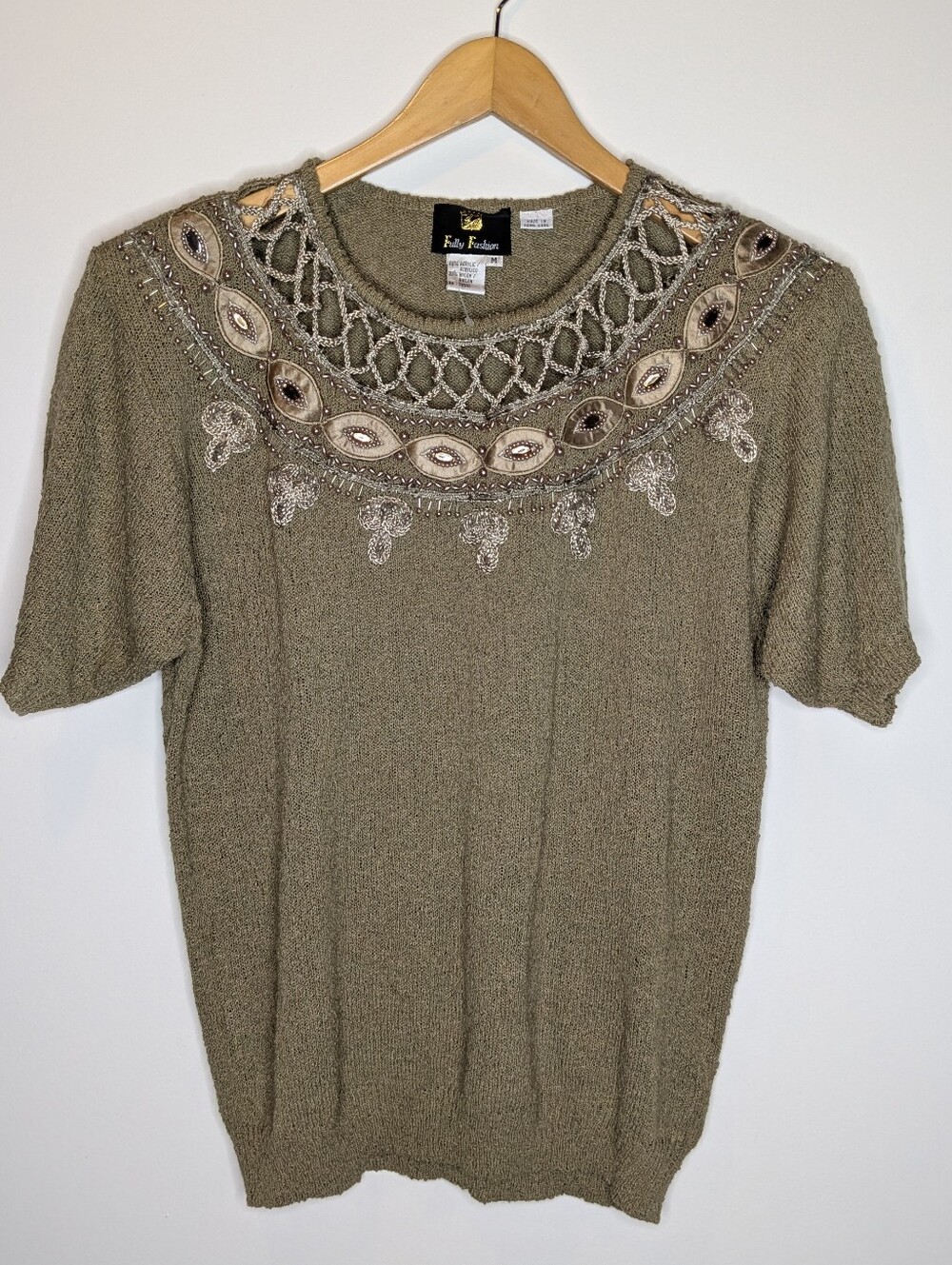 Vintage Embellished Tan Knit Short Sleeve Sweater